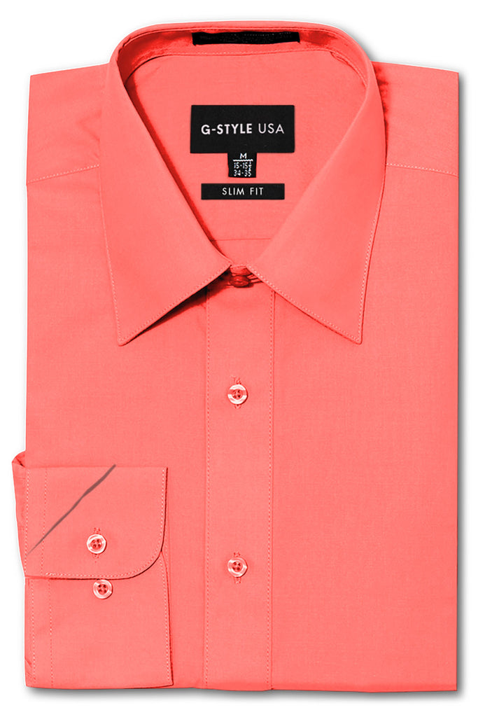 Slim Fit Solid Color Dress Shirt (Coral ...